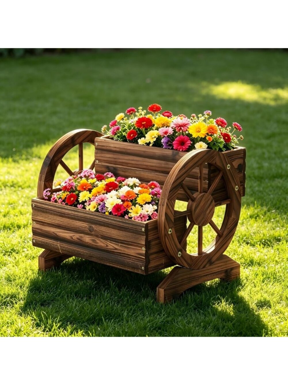 Charming Wooden Wagon Planter with Wheels - Cute Garden Pot for Succulents